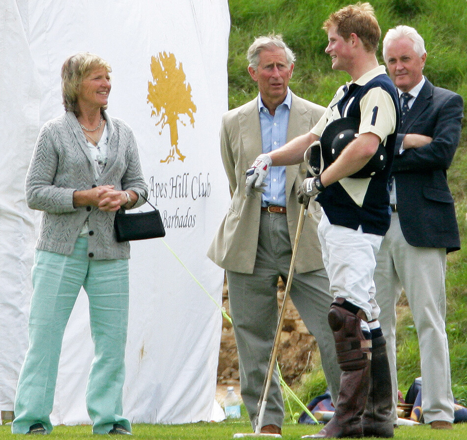 Клэр Томлинсон общается с принцем Чарльзом и его сыном принцем Гарри, во время проведения Кубка Чакраварти 2009 в поло-клубе Beaufort 18 июля 2009 года в Тетбери, Англия